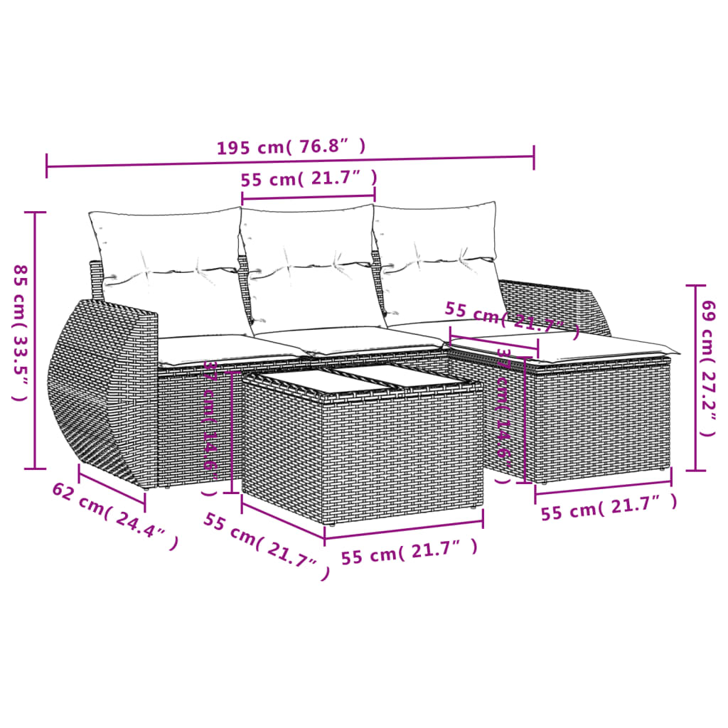 5-dijelni vrtni set sofa s jastucima bež od poliratana