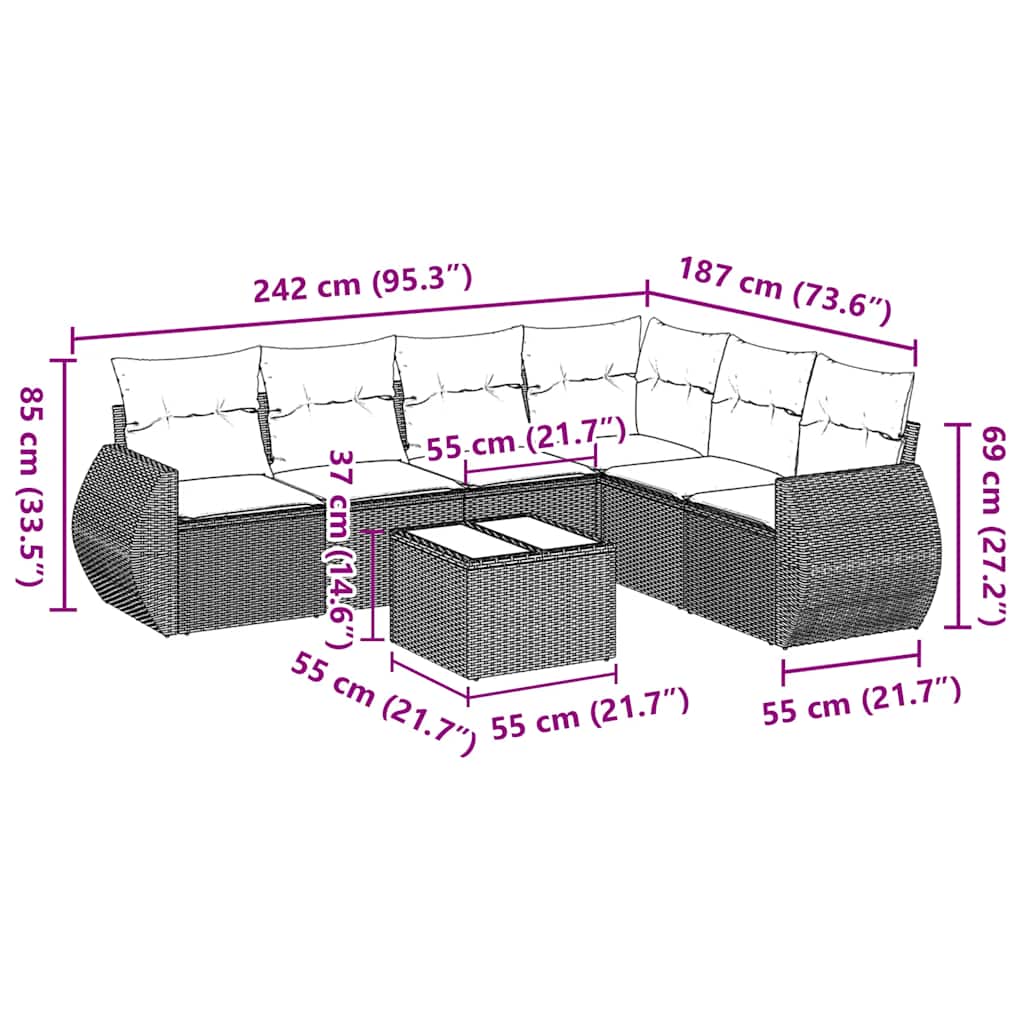 7-dijelni set vrtnih sofa od poliratana s jastucima crni