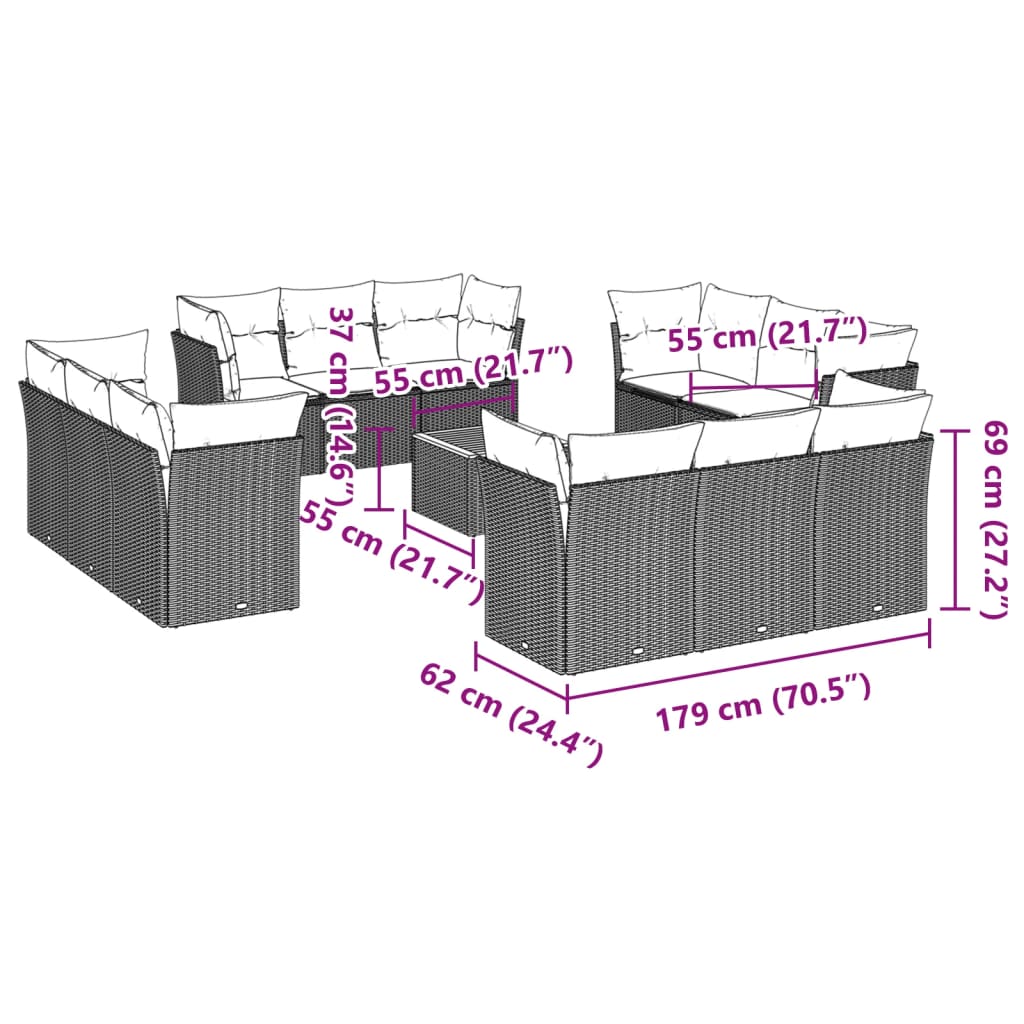 13-dijelni set vrtnih sofa od poliratana s jastucima sivi