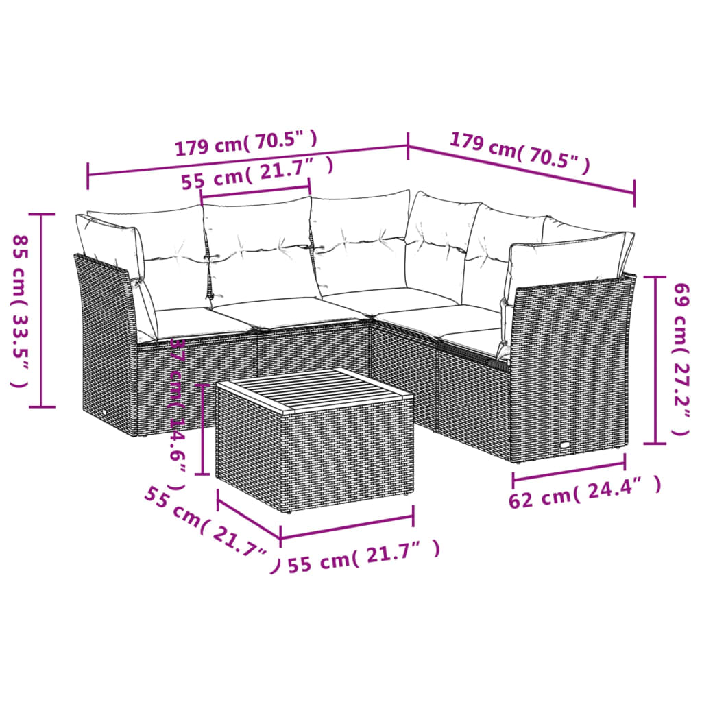 6-dijelni set vrtnih sofa s jastucima crni od poliratana