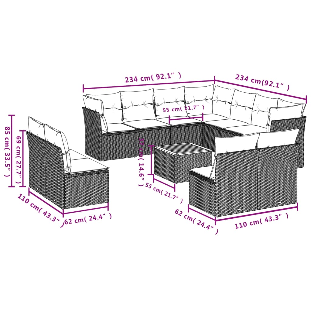 12-dijelni set vrtnih sofa s jastucima bež od poliratana