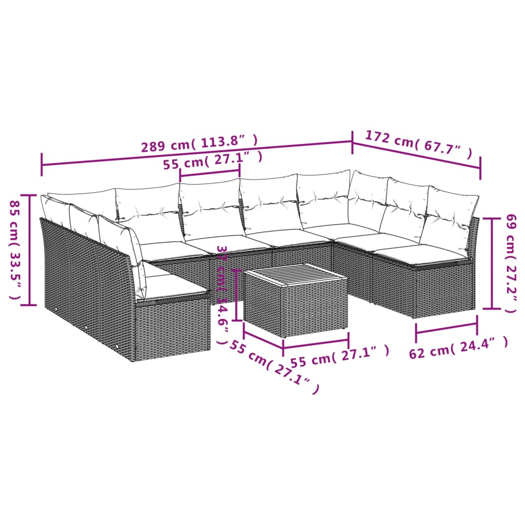 10-dijelni set vrtnih sofa od poliratana s jastucima crni