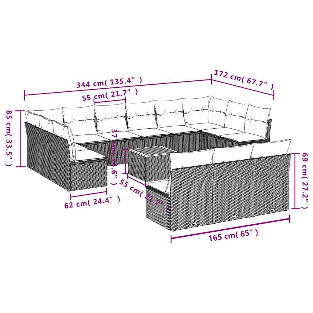 14-dijelni set vrtnih sofa s jastucima poliratan crni