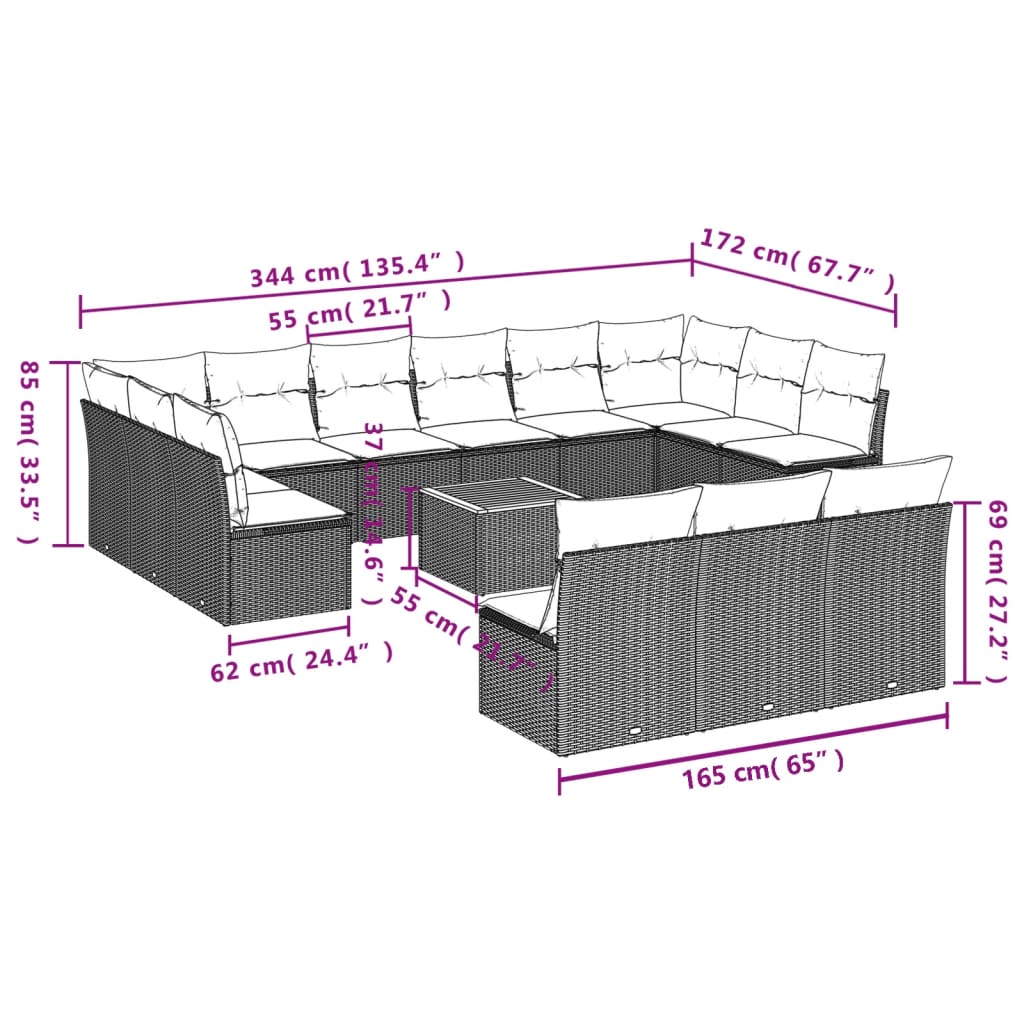 14-dijelni set vrtnih sofa s jastucima poliratan crni