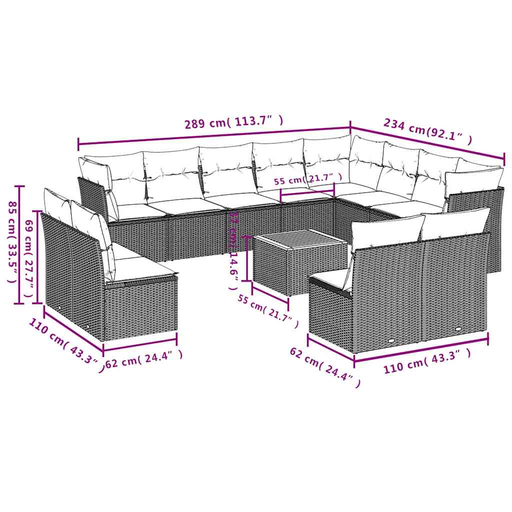 13-dijelni set vrtnih sofa s jastucima poliratan crni