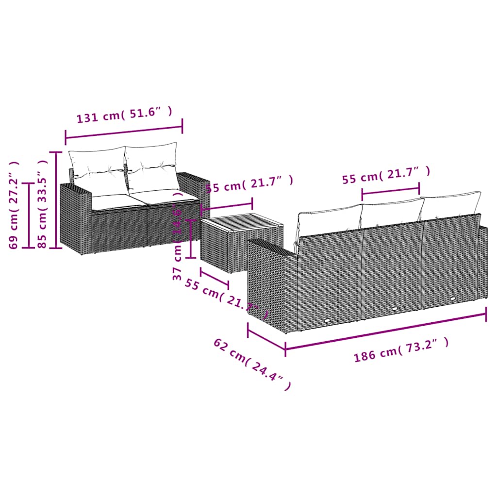 6-dijelni set vrtnih sofa s jastucima crni od poliratana Crna 66 x 62 x 69 cm