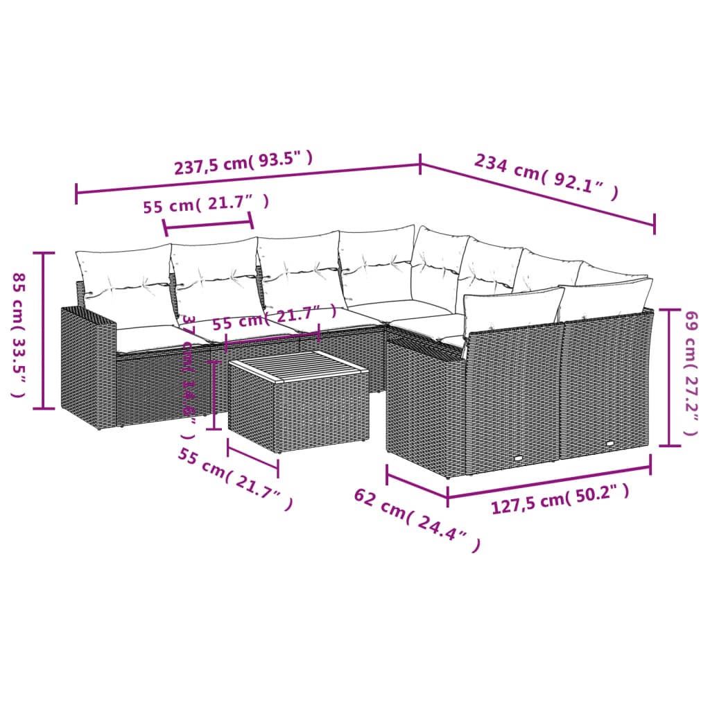 9-dijelni set vrtnih sofa s jastucima bež od poliratana 66 x 62 x 69 cm
