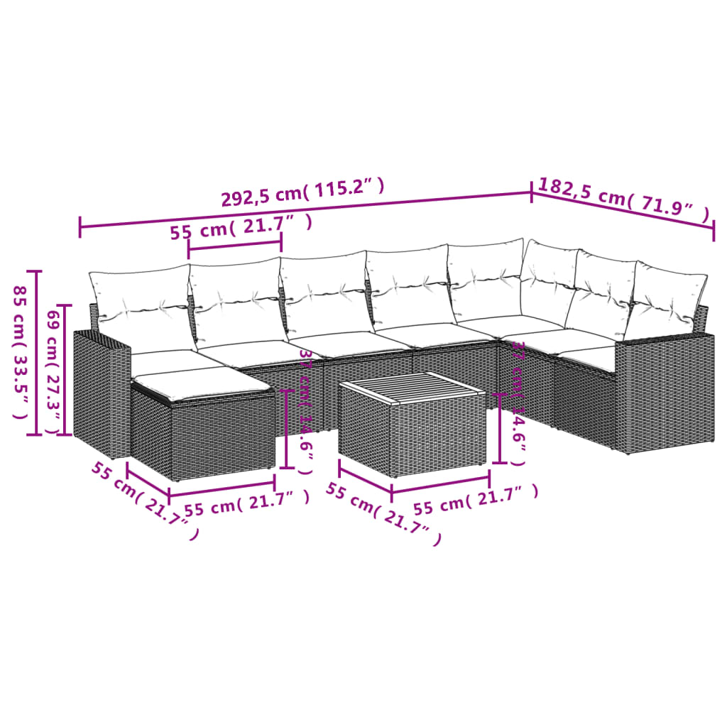 9-dijelni set vrtnih sofa s jastucima crni od poliratana