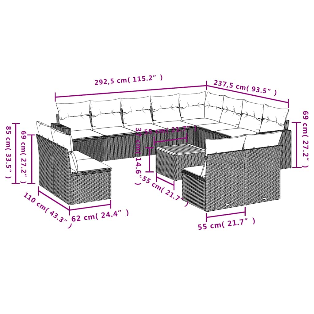 13-dijelni set vrtnih sofa s jastucima poliratan crni