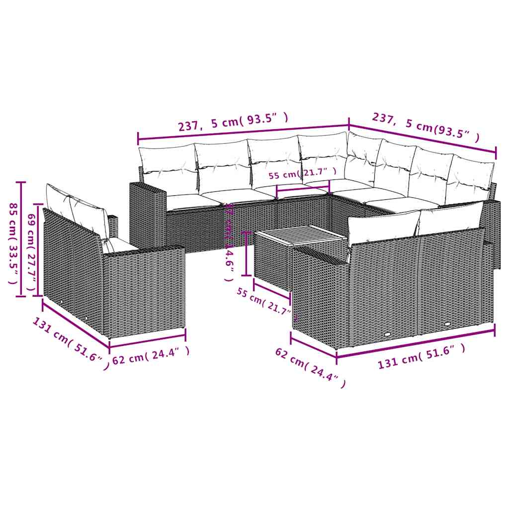 12-dijelni set vrtnih sofa s jastucima poliratan crni