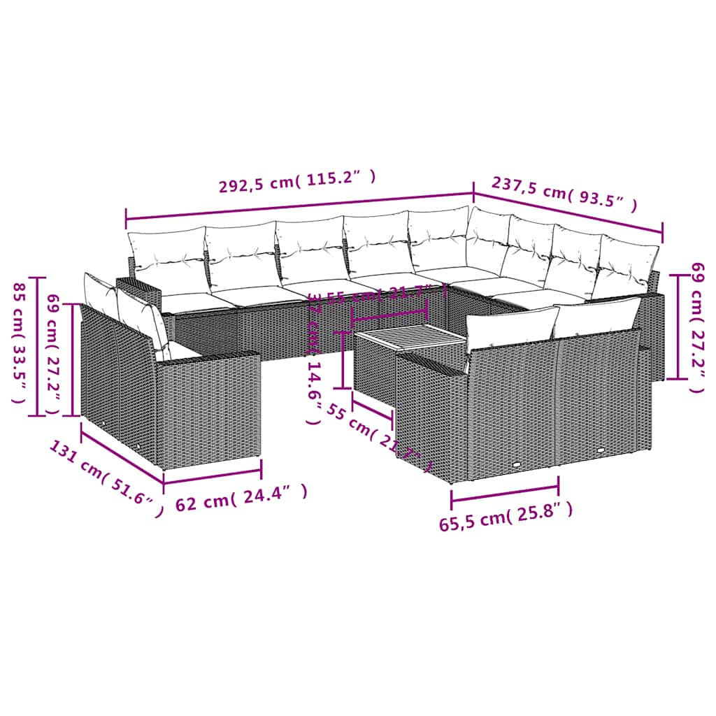 13-dijelni set vrtnih sofa s jastucima poliratan crni