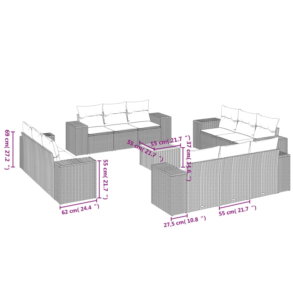 13-dijelni set vrtnih sofa s jastucima poliratan crni