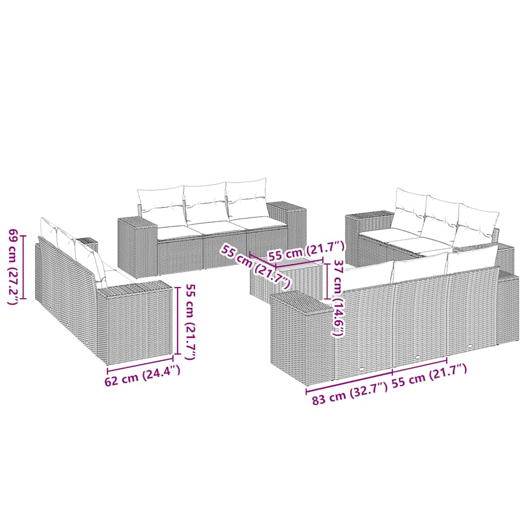 13-dijelni set vrtnih sofa s jastucima poliratan crni