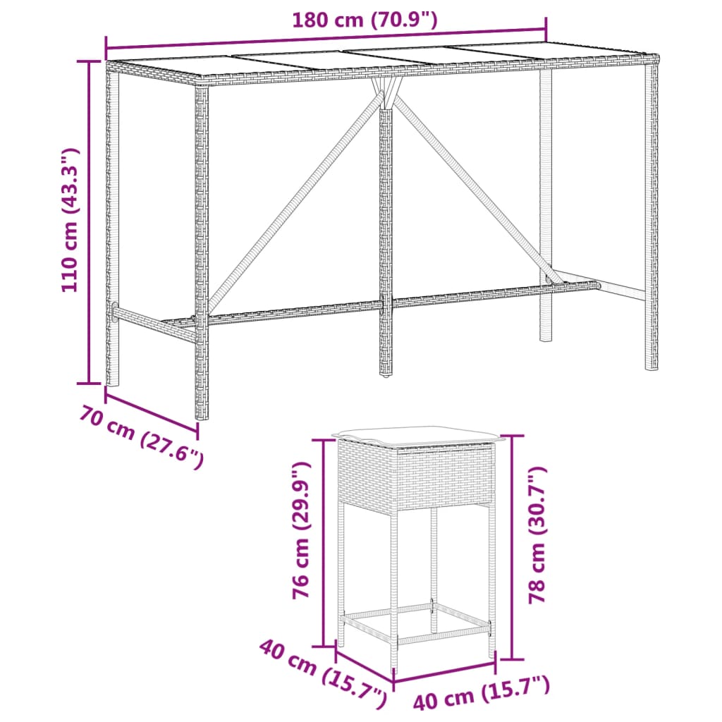 7-dijelni vrtni barski set s jastucima sivi od poliratana Siva 180 x 70 x 110 cm