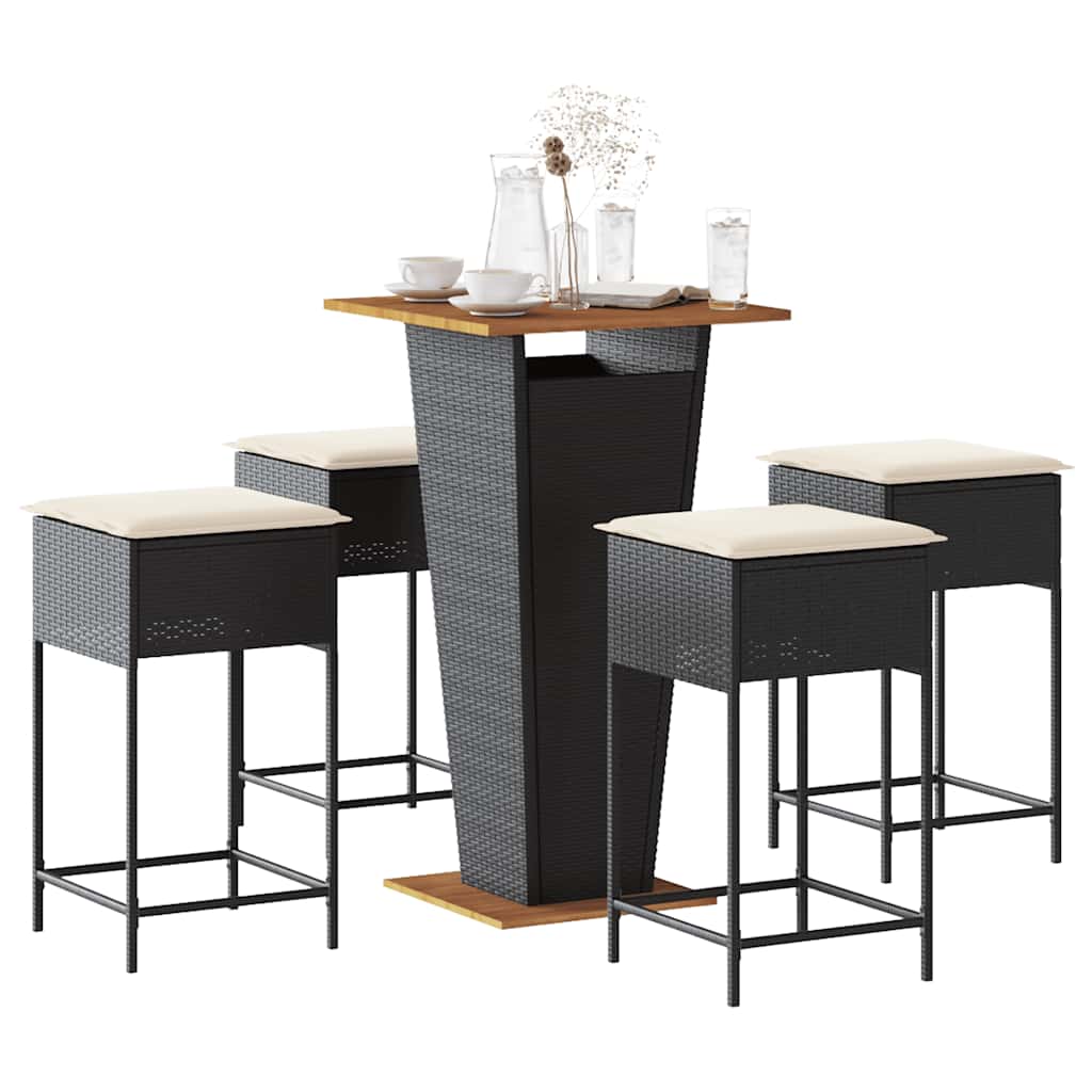 5-dijelni vrtni barski set od poliratana s jastucima crni Crna 60 x 60 x 110 cm