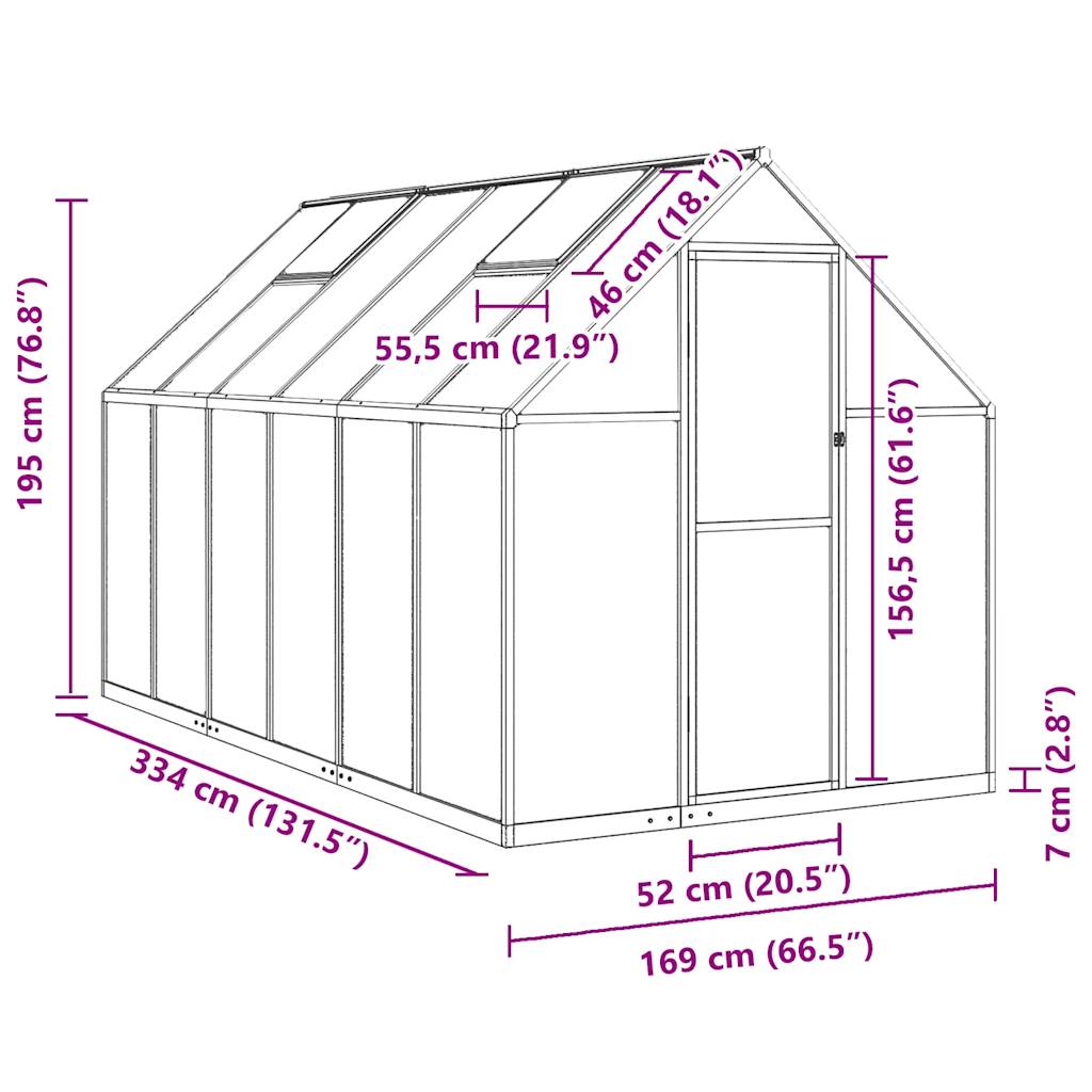 Staklenik s okvirom srebrni 334 x 169 x 195 cm aluminijski