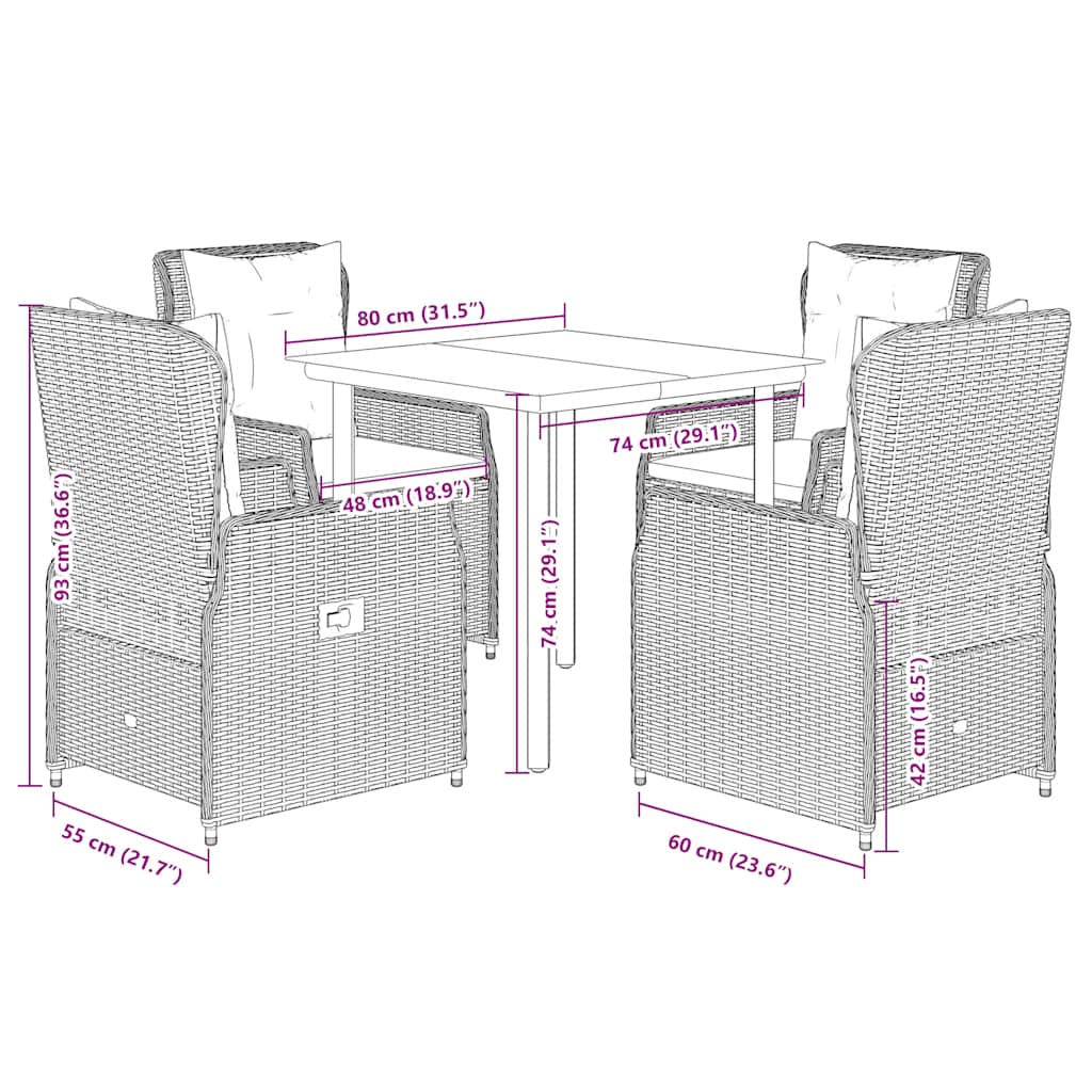5-dijelni vrtni blagovaonski set s jastucima od poliratana crni Crna 80 x 80 x 74 cm