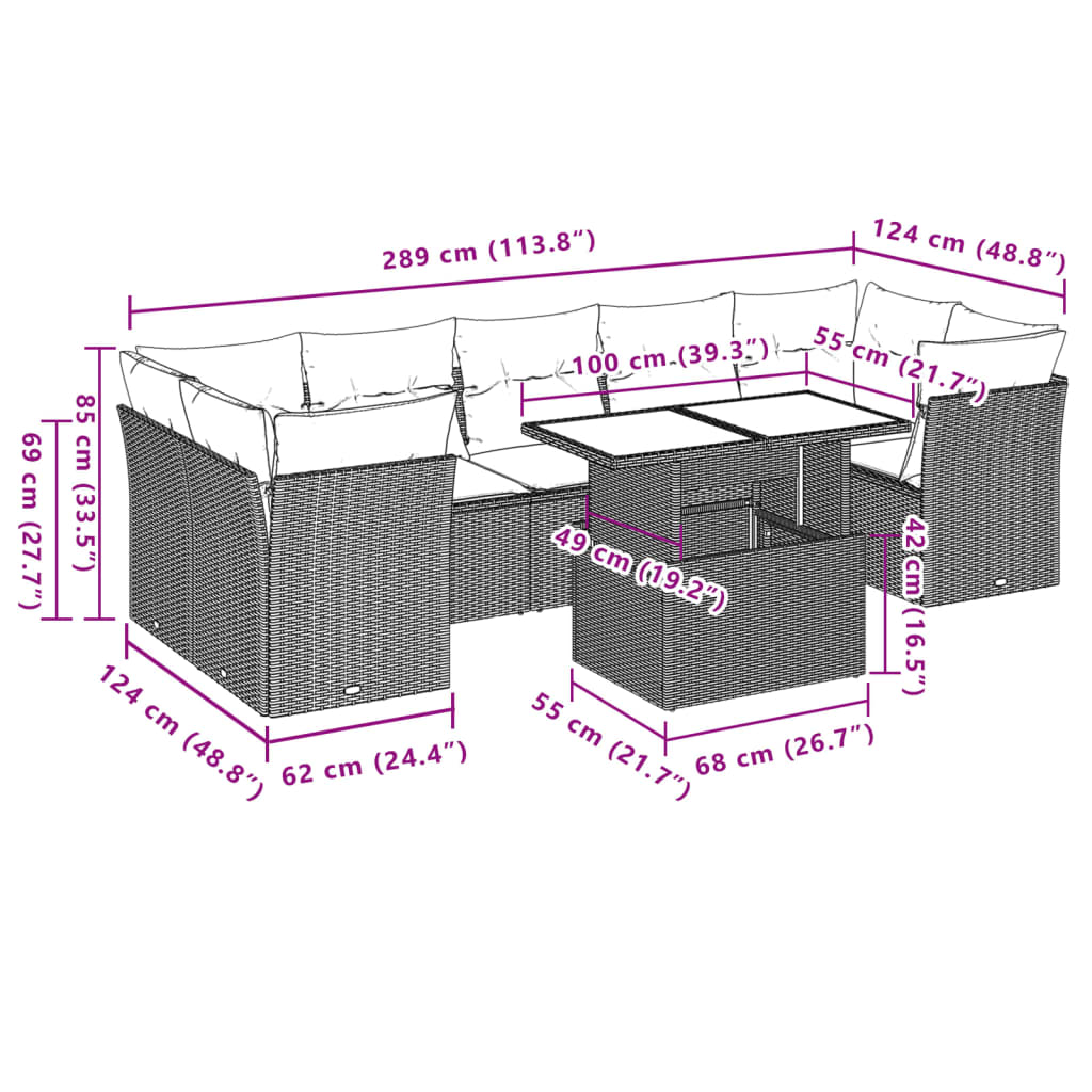8-dijelni set vrtnih sofa od poliratana s jastucima crni Crna 100 x 55 x 73 cm