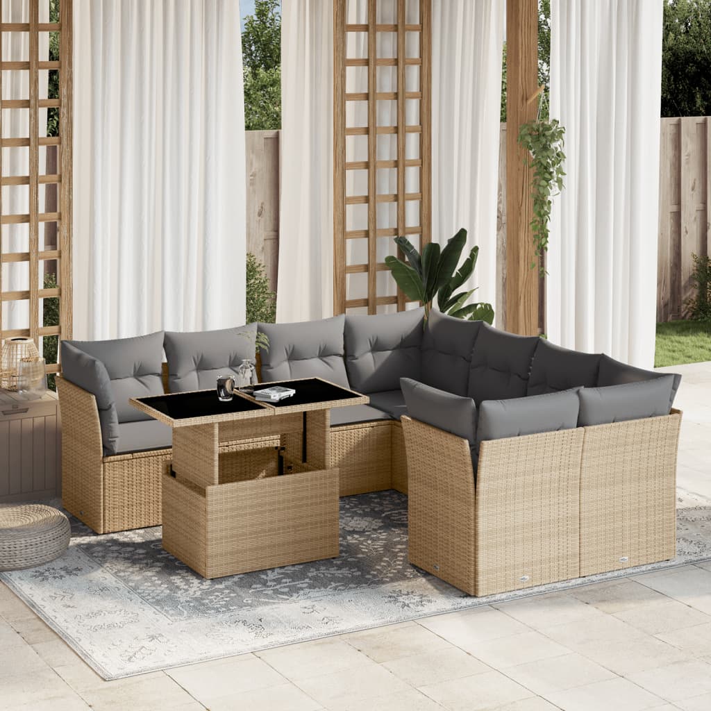 9-dijelni set vrtnih sofa s jastucima bež od poliratana 100 x 55 x 73 cm