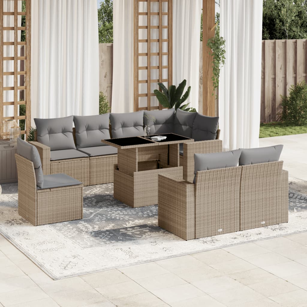 9-dijelni set vrtnih sofa s jastucima bež od poliratana 100 x 55 x 73 cm