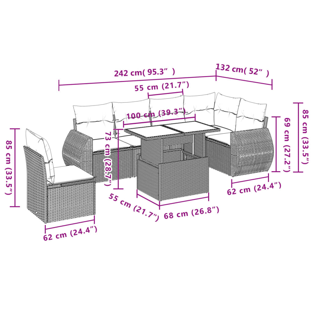 7-dijelni set vrtnih sofa od poliratana s jastucima bež 100 x 55 x 73 cm