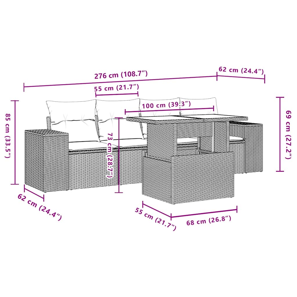 5-dijelna vrtna garnitura od poliratana s jastucima crna 100 x 55 x 73 cm