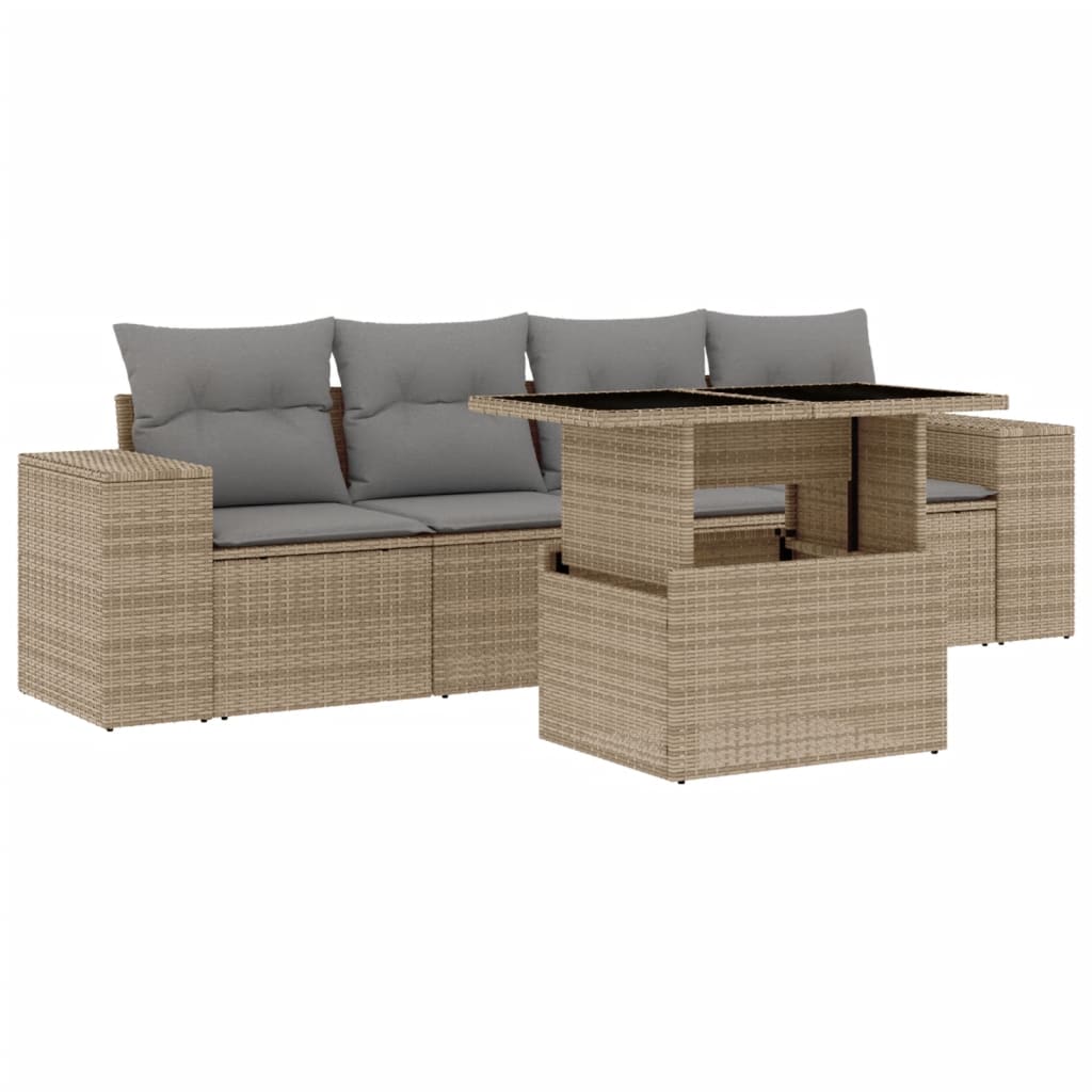 5-dijelni vrtni set sofa s jastucima bež od poliratana