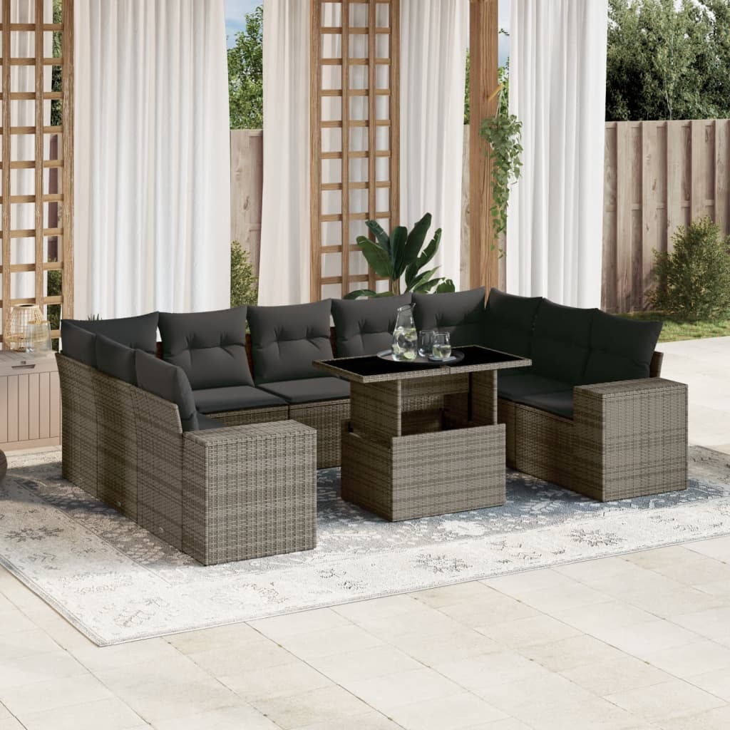 10-dijelni set vrtnih sofa od poliratana s jastucima sivi