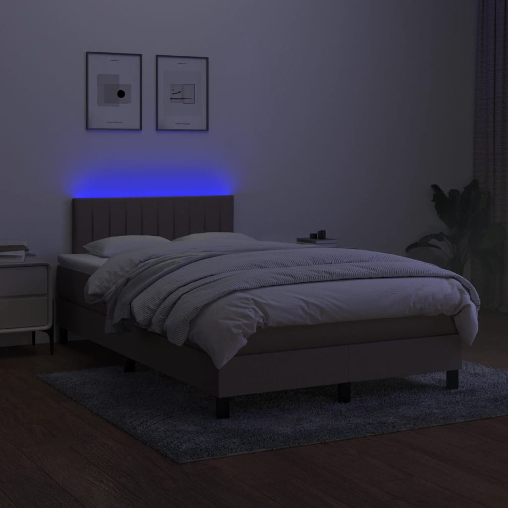 Krevet s oprugama i madracem LED smeđesivi 120x190 cmod tkanine