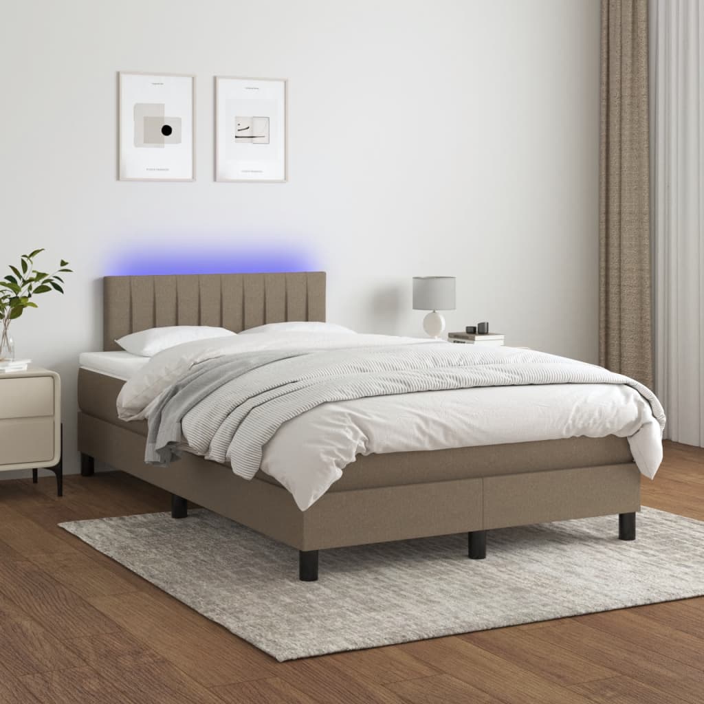 Krevet s oprugama i madracem LED smeđesivi 120x190 cmod tkanine