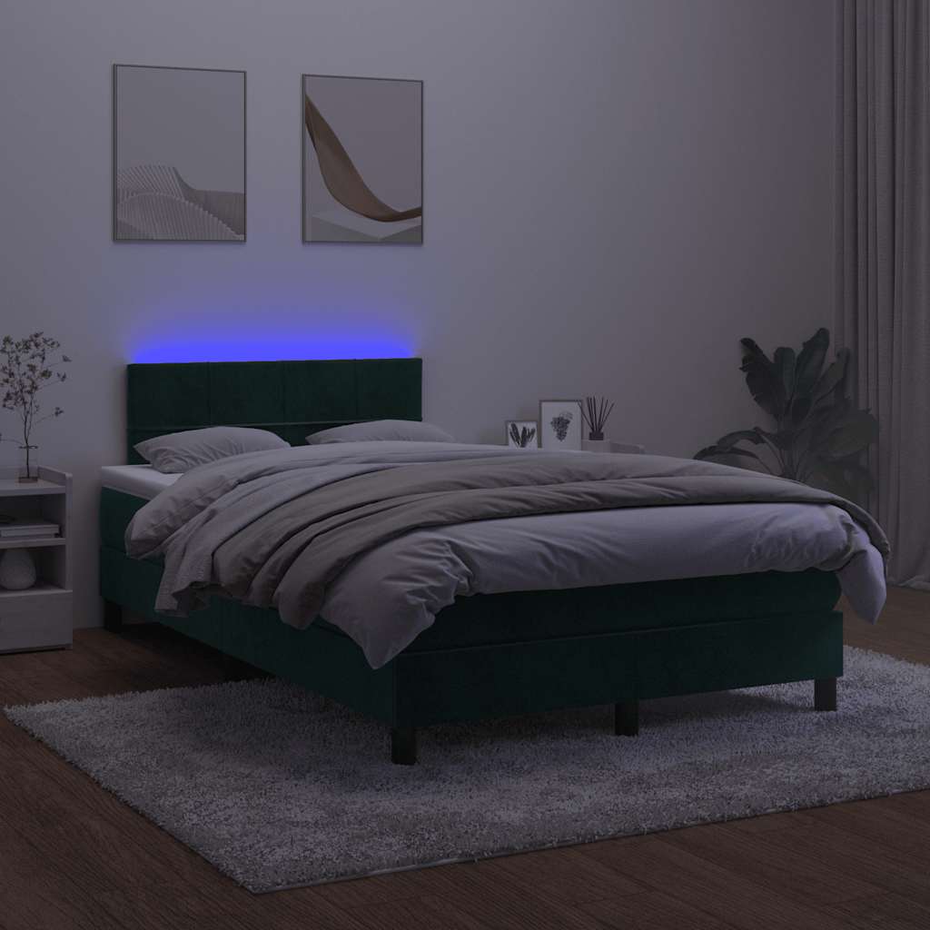 Krevet s oprugama i madracem LED tamnozelenim 120x190 cm baršun