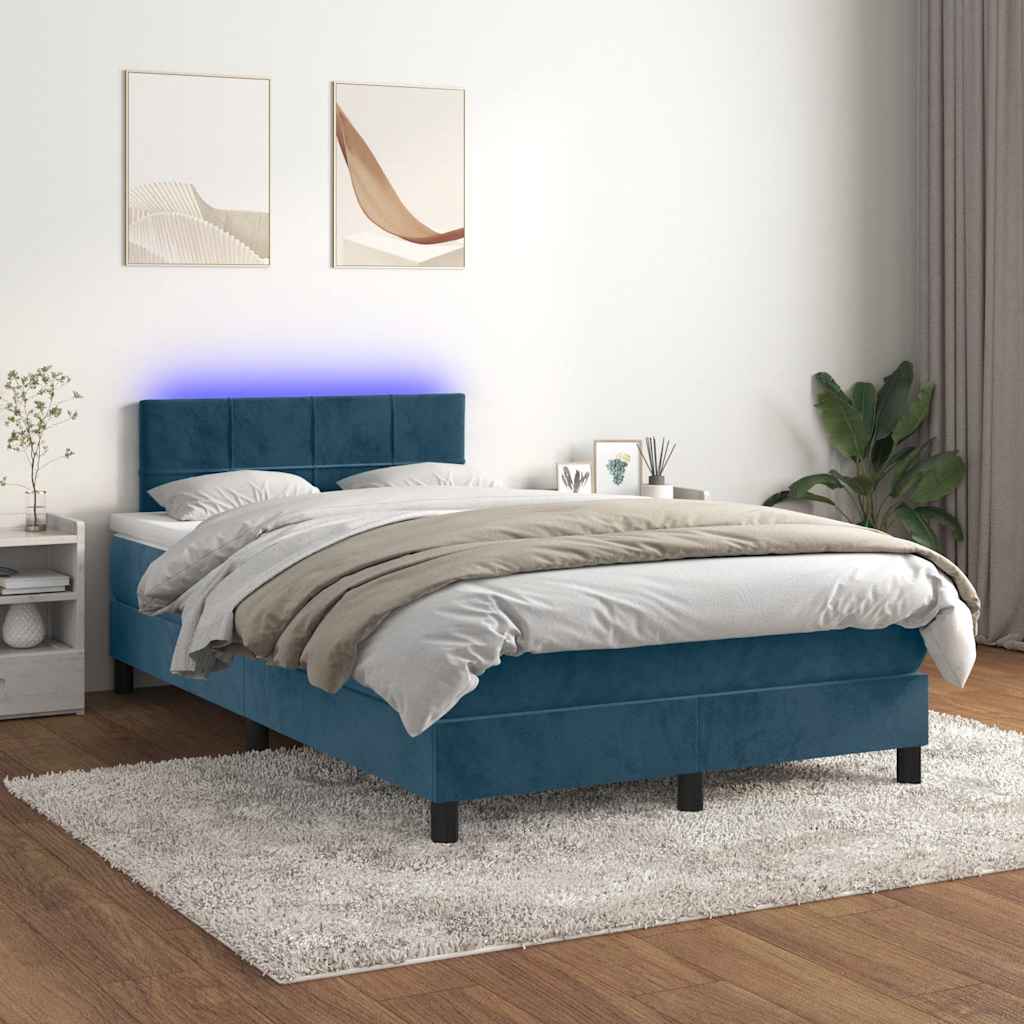 Krevet s oprugama i madracem LED tamnoplavi 120 x 190 cm baršun