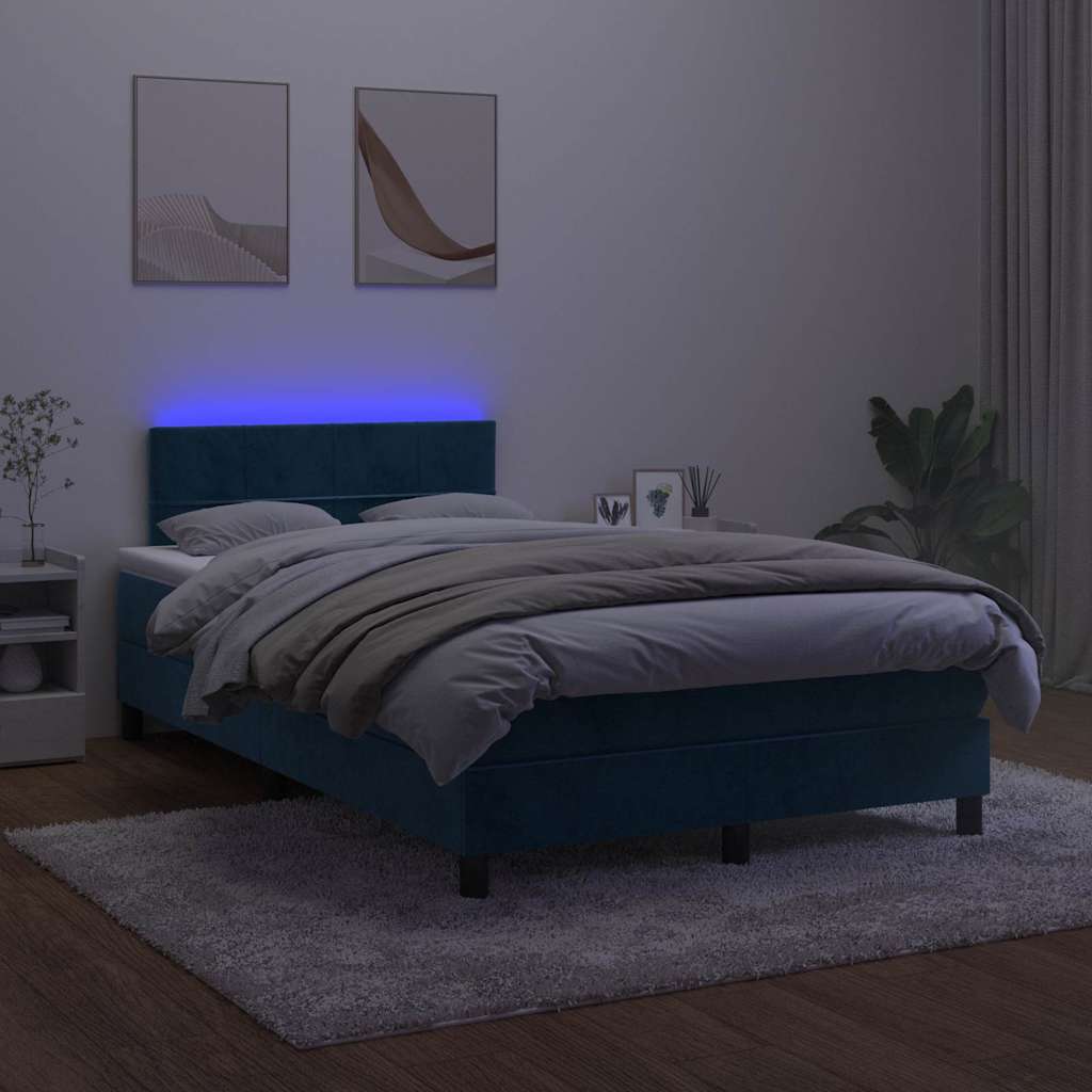 Krevet s oprugama i madracem LED tamnoplavi 120 x 190 cm baršun