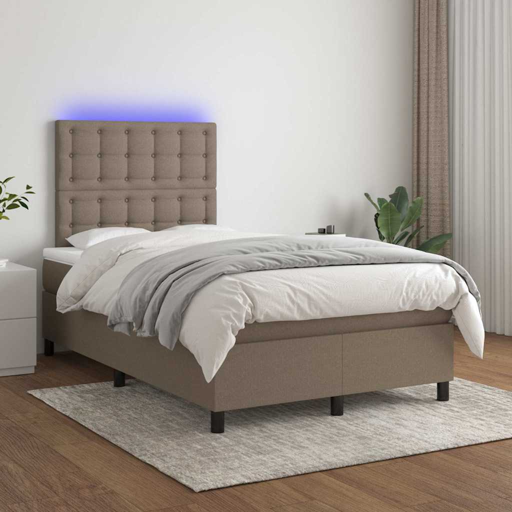 Krevet s oprugama i madracem LED smeđesivi 120x190cm od tkanine