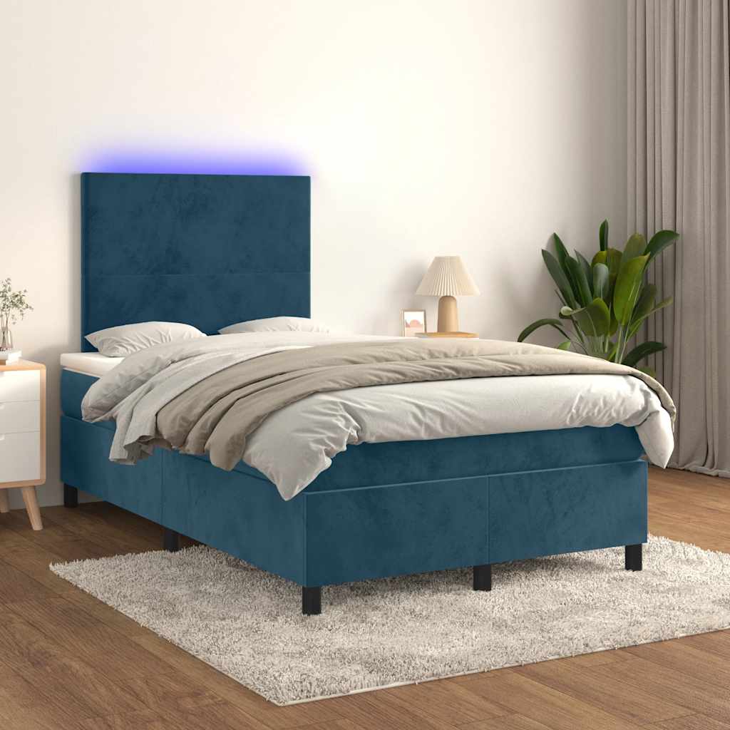 Krevet s oprugama i madracem LED tamnoplavi 120 x 190 cm baršun