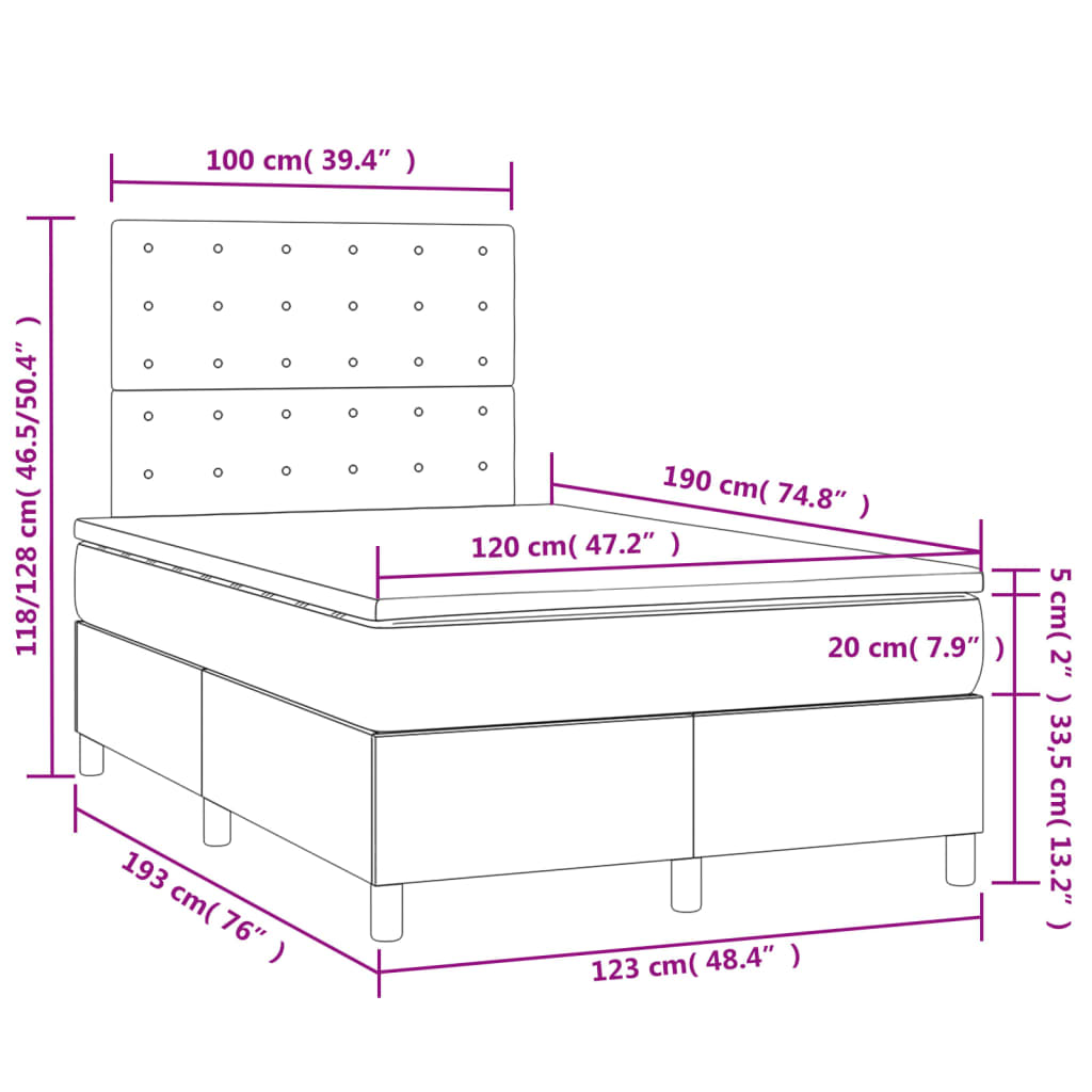Krevet box spring s madracem LED tamnosivi 120 x 190 cm baršun