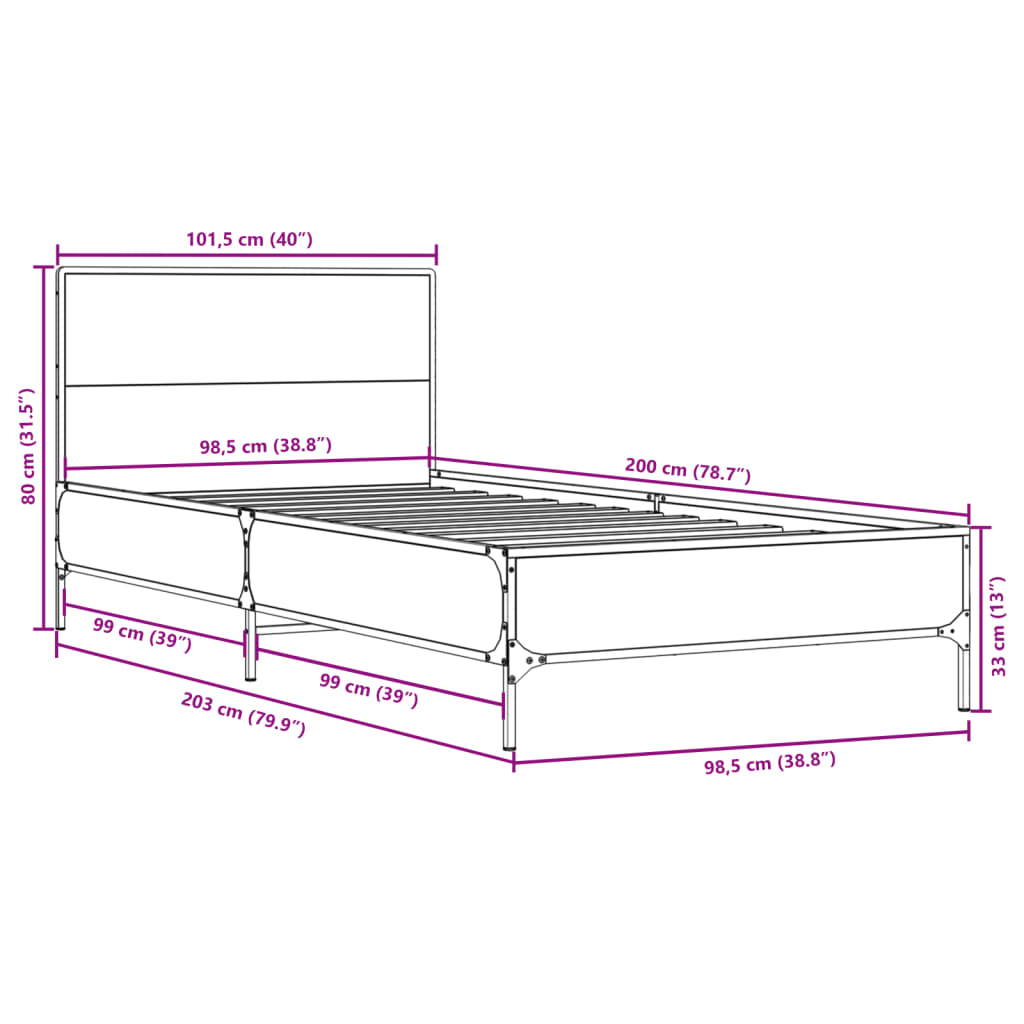 Okvir za krevet boja hrasta 120x200cm konstruirano drvo i metal