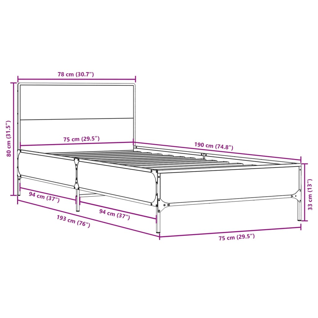 Okvir kreveta boja hrasta 75 x 190 cm konstruirano drvo i metal