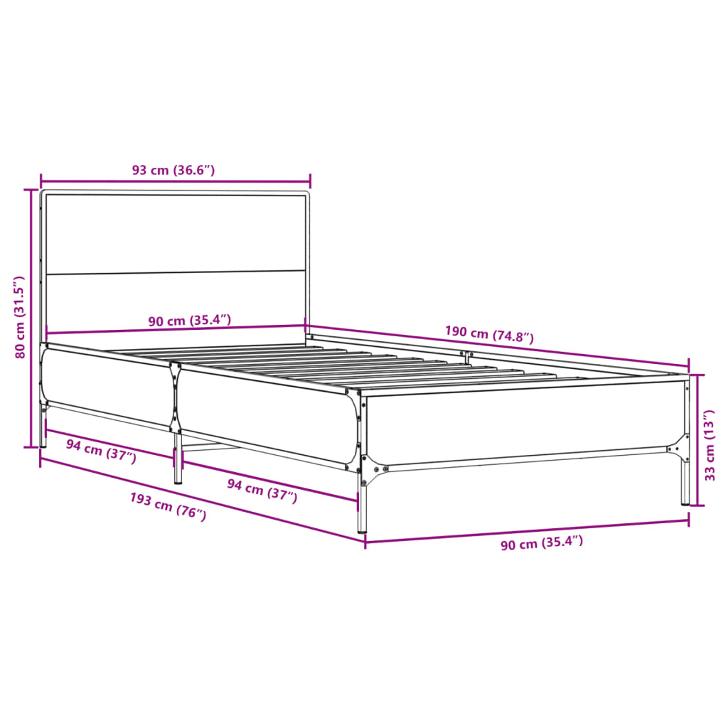 Okvir za krevet crni 90 x 190 cm od konstruiranog drvo i metal