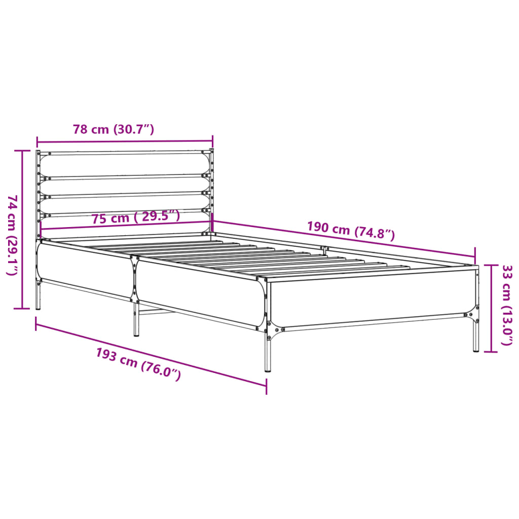 Okvir za krevet boja hrasta 75x190 cm konstruirano drvo i metal