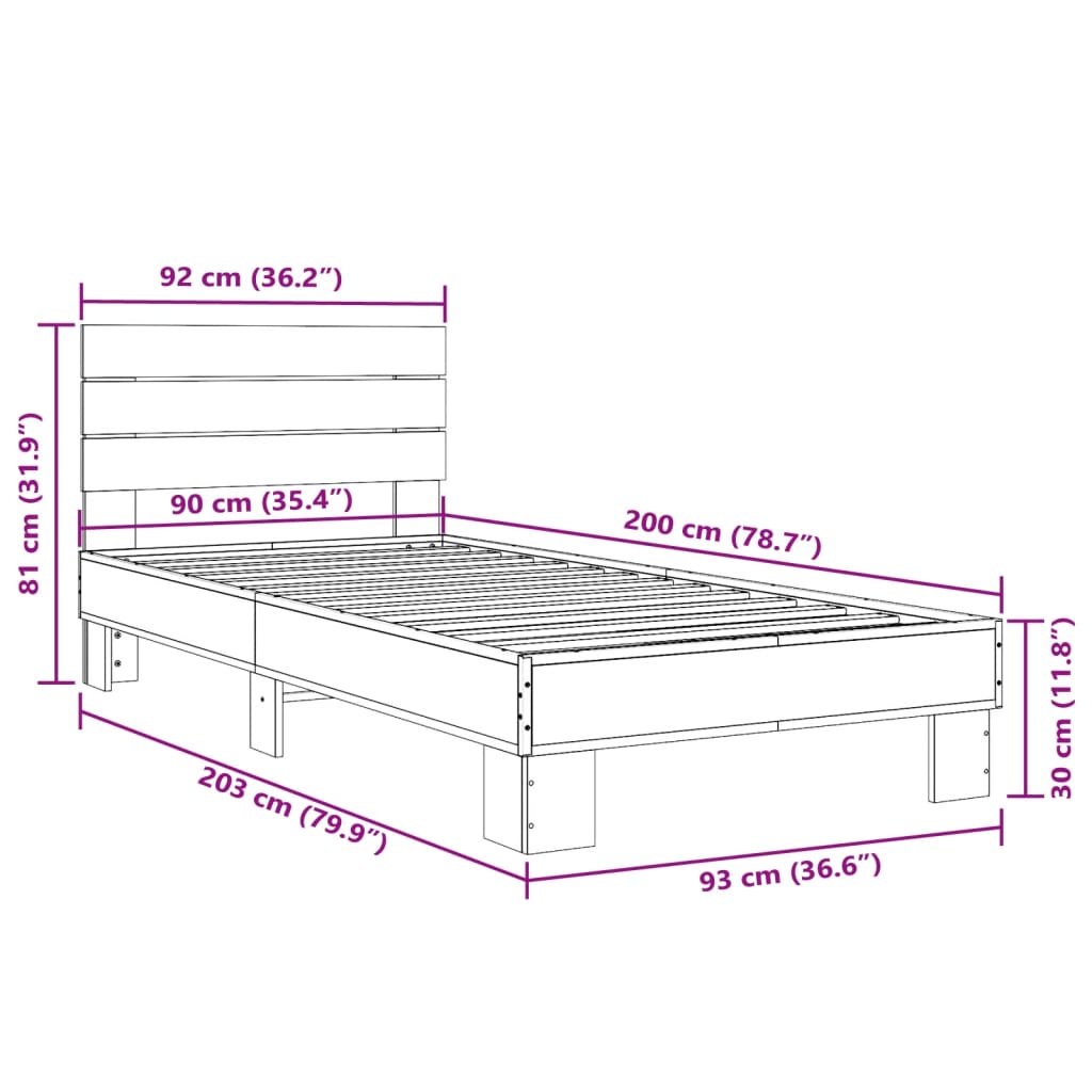 Okvir za krevet boja hrasta 90x200 cm konstruirano drvo i metal