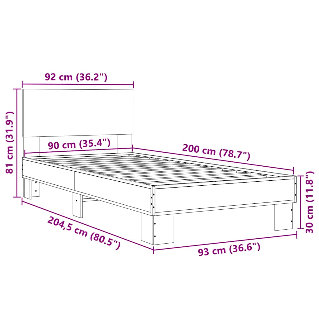 Okvir za krevet smeđi hrast 90x200 cm konstruirano drvo i metal