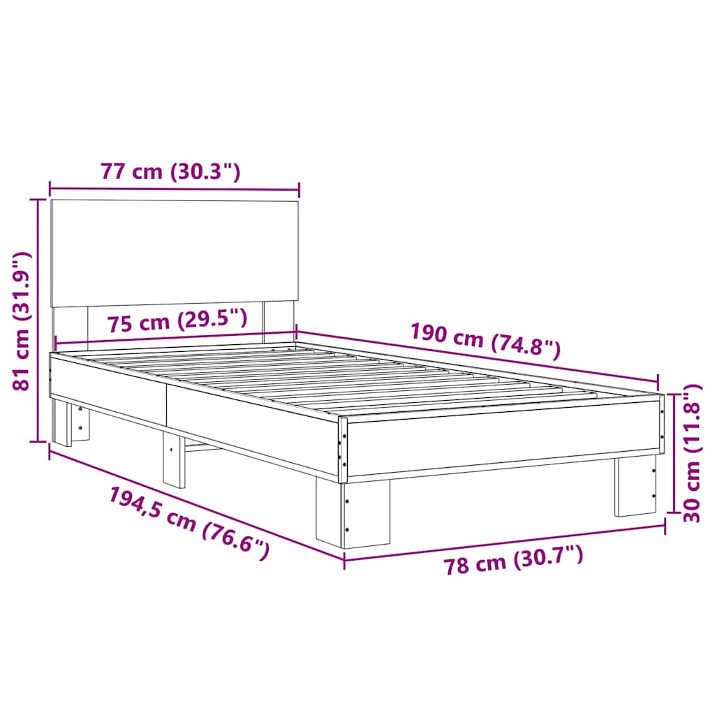 Okvir za krevet boja hrasta 75x190 cm konstruirano drvo i metal