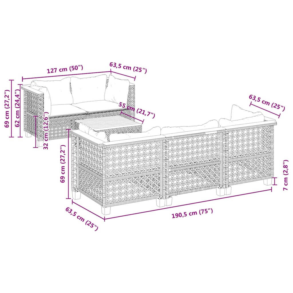 6-dijelni set vrtnih sofa s jastucima bež od poliratana 55 x 55 x 36 cm