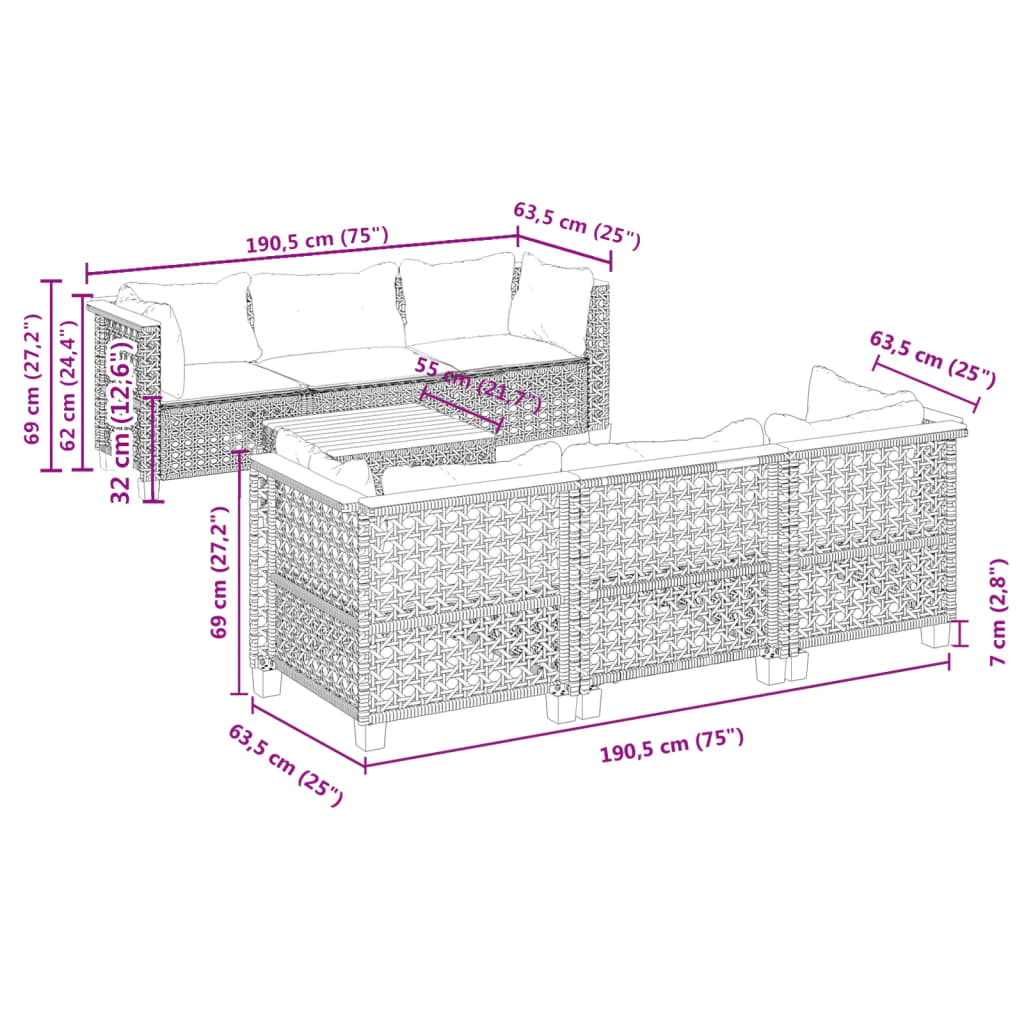 7-dijelni set vrtnih sofa sivi od poliratana Siva 55 x 55 x 36 cm