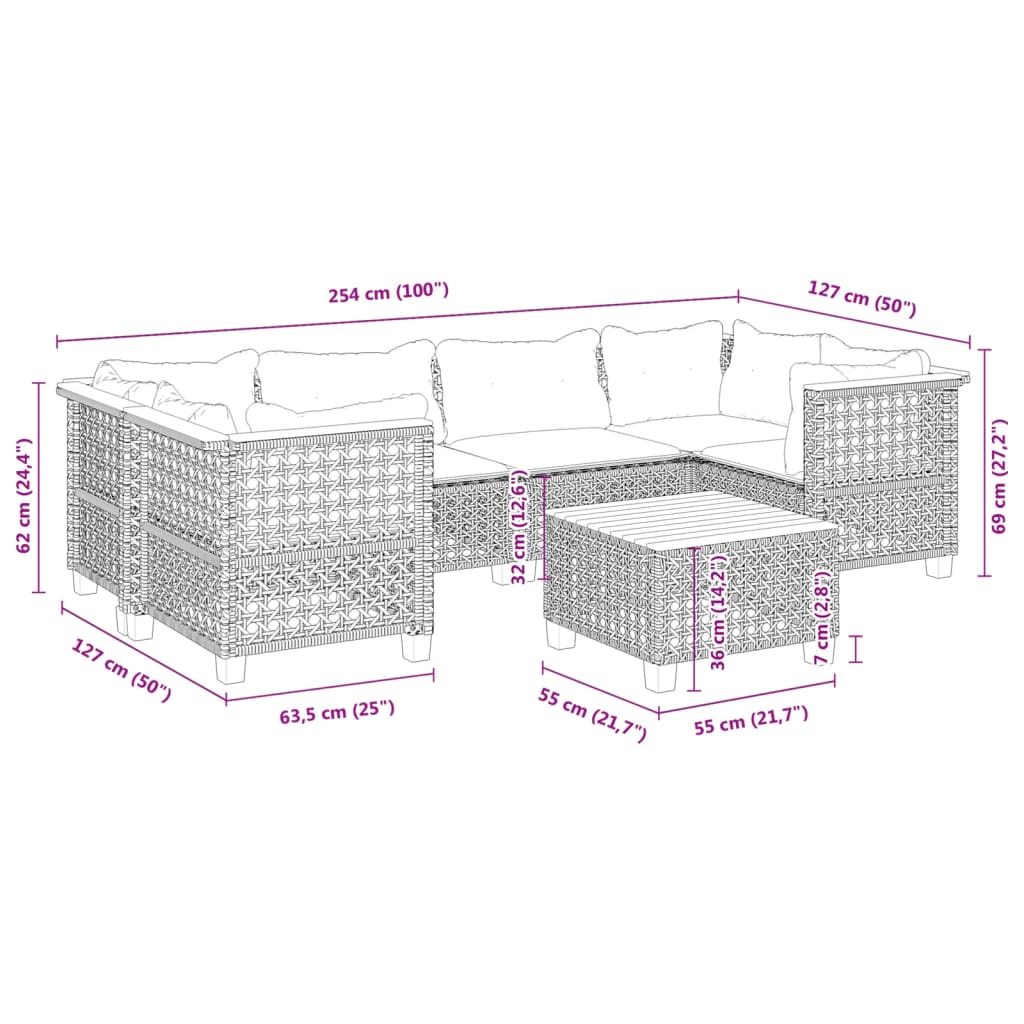 7-dijelni set vrtnih sofa od poliratana s jastucima crni Crna 55 x 55 x 36 cm
