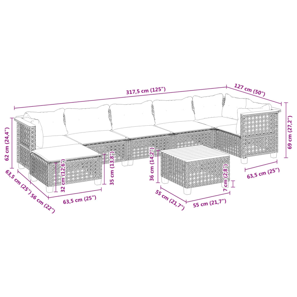 8-dijelni set vrtnih sofa od poliratana s jastucima crni Crna 55 x 55 x 36 cm