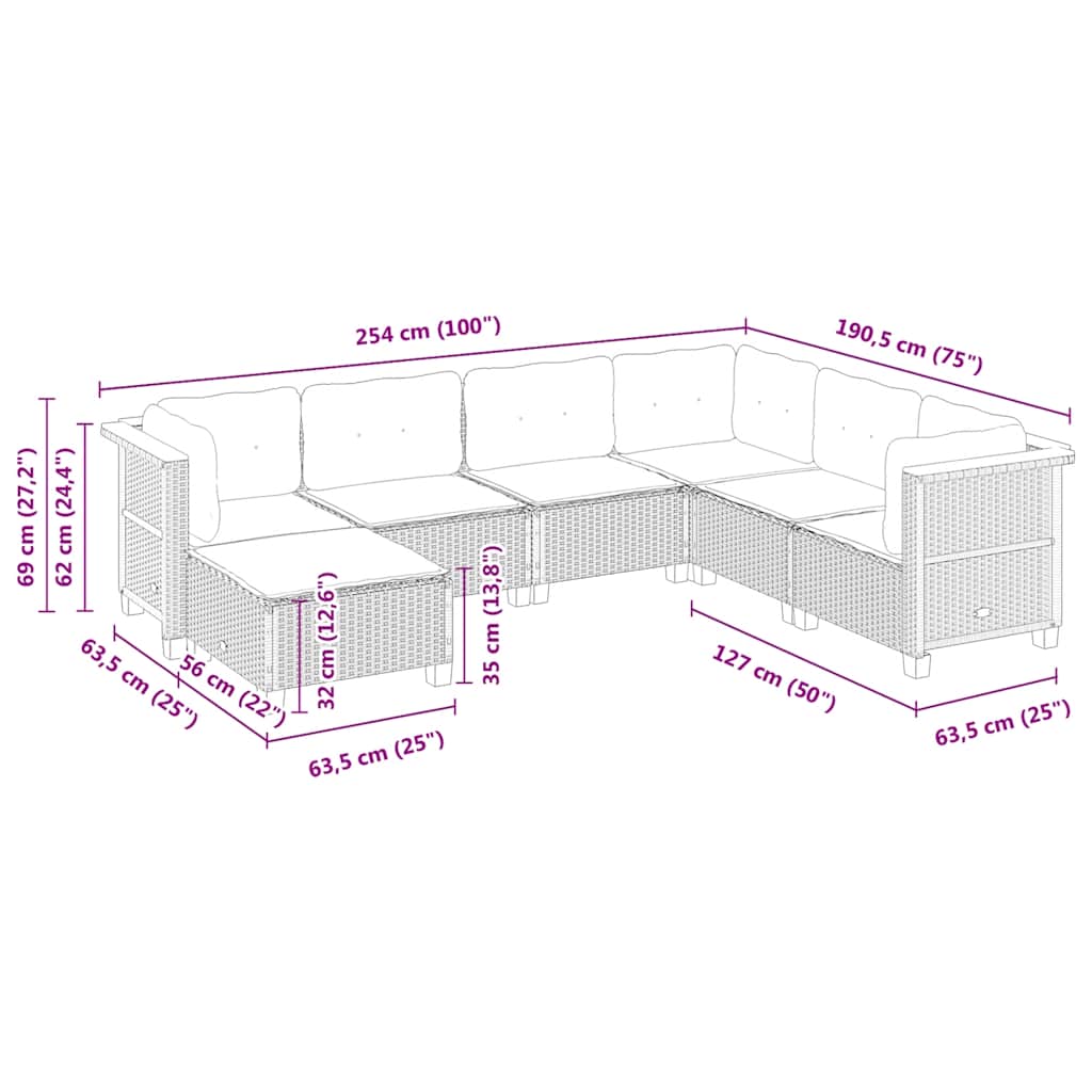 7-dijelni set vrtnih sofa od poliratana s jastucima crni Crna 63.5 x 56 x 32 cm