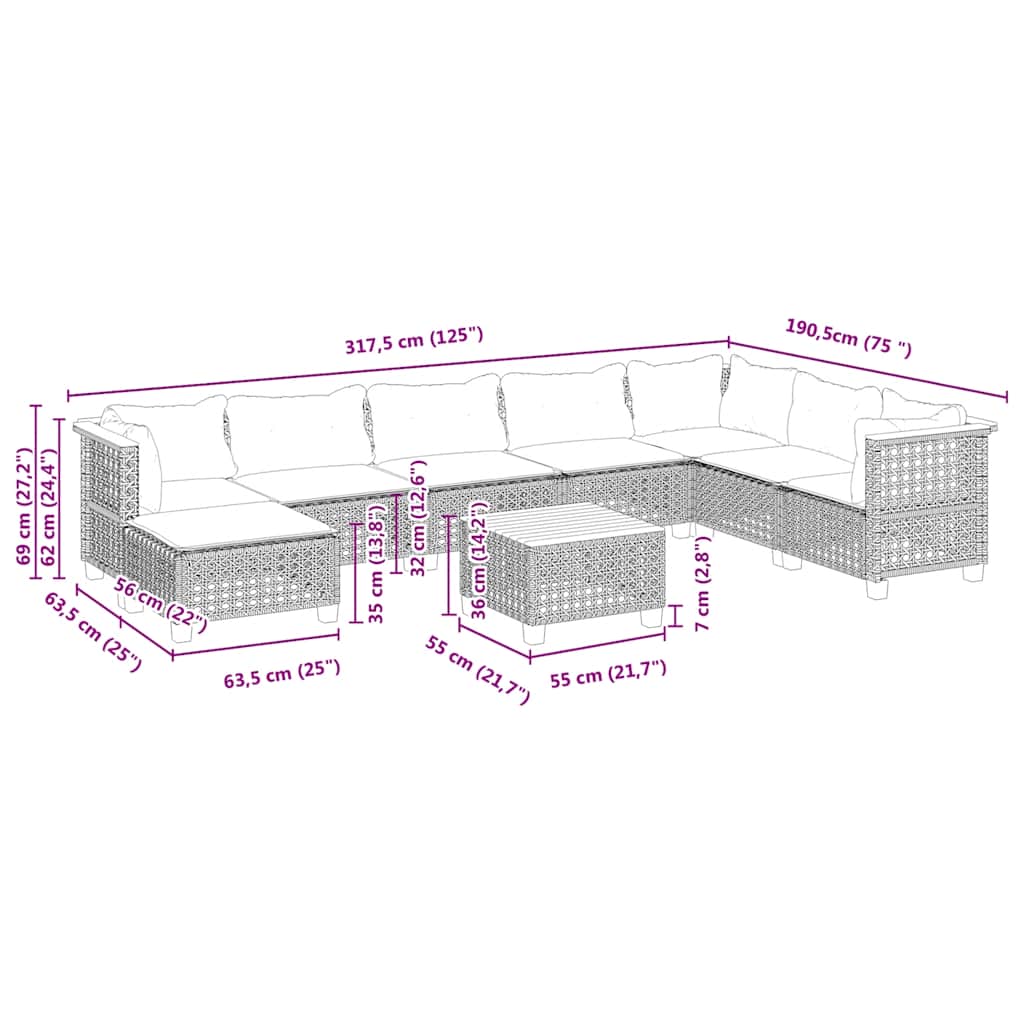 9-dijelni set vrtnih sofa s jastucima bež od poliratana 55 x 55 x 36 cm