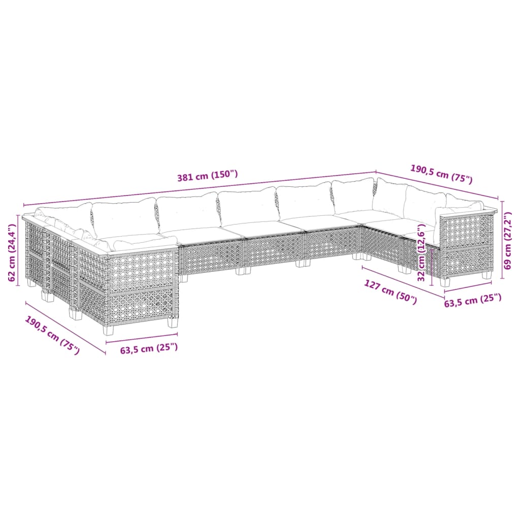 10-dijelni set vrtnih sofa s jastucima crni od poliratana Crna 63.5 x 63.5 x 62 cm